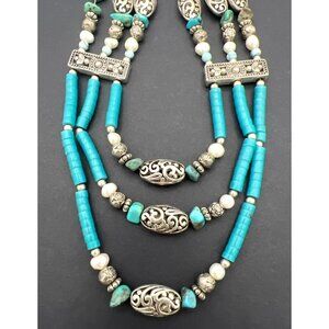 Vintage Artisan Southwest Necklace Blue Beads Pearls Silver Tone Filigree Boho